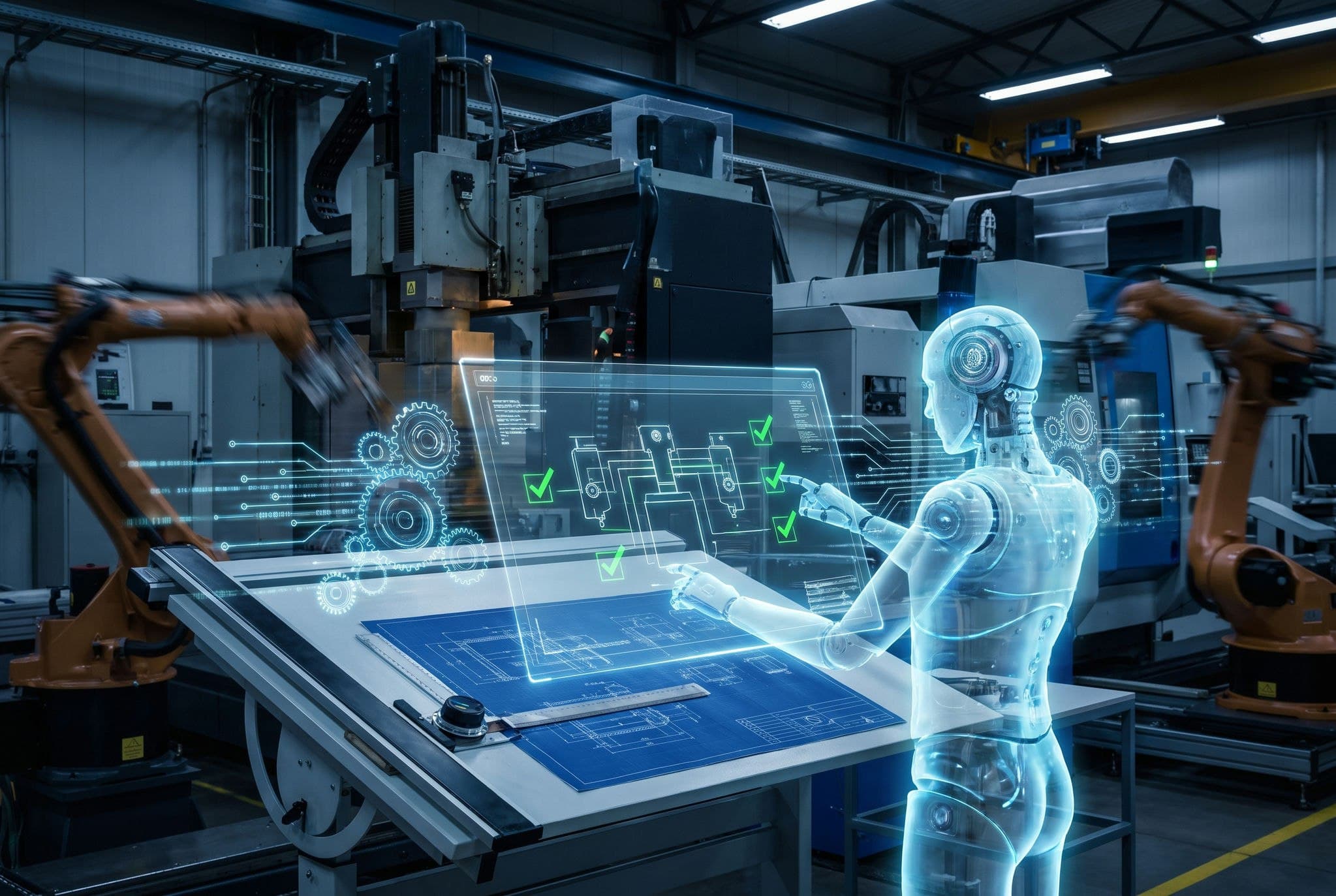 A translucent humanoid AI figure interacting with a holographic engineering interface — schematics, gear diagrams, and green compliance ticks floating above a workshop drafting table flanked by industrial robotic arms.