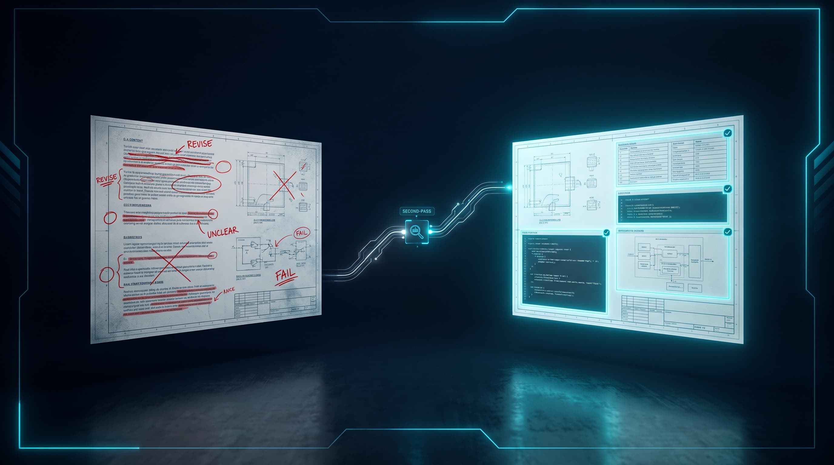 Two engineering document overlays floating in dark space — the first with red critique marks, the second refined and glowing cyan around defensible findings, illustrating the two-pass review architecture.